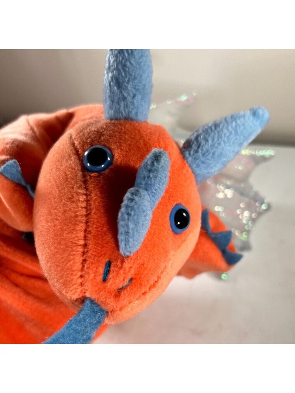 CalToy Plush Dragon Hand Puppet Orange Blue Sparkly Wings 13 inch Stuffed Toy